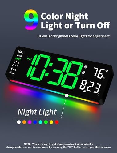 MASHI 16" Easy-Read Large Digital Wall Clock, 9-Color Night Light - Image 3