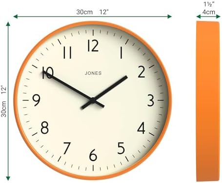 JONES CLOCKS® Studio Clock | Modern Round wall Clock | 12" | Orange - Image 3