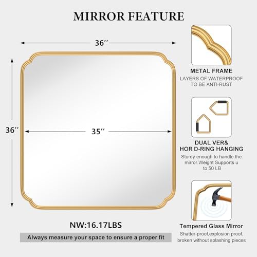 Ferytange Gold Bathroom Mirror for Wall 36" x 36" Square Bathroom Vanity Mirror - Image 4