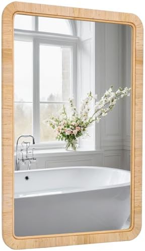FUIN 24"x36" Rattan Wall Mirror, Natural Wicker Rectangle Bathroom Vanity Mirror - Image 2