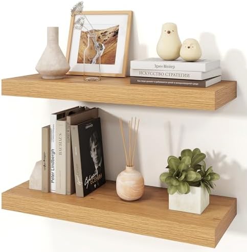 24" Natural Oak Color Floating Shelves Wood Wall Shelf by Ornawit