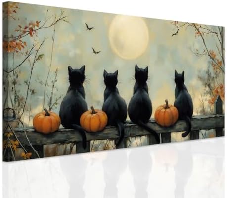 SWQYLB Autumn Pictures Wall Art Black Cat Fall Decor Halloween Animal Canvas by SWQYLB