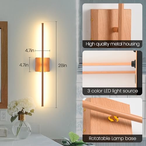 LED Battery Operated Wall Sconces, 11000mAh Faux Wood Texture Finish Wireless - Image 6