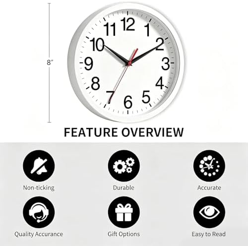 Rohioue Wall Clock Analog 8 Inch White Battery Operated Silent Clock - Image 3