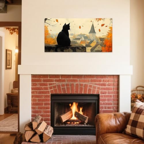 SWQYLB Autumn Pictures Wall Art Black Cat Fall Decor Halloween Animal Canvas - Image 2