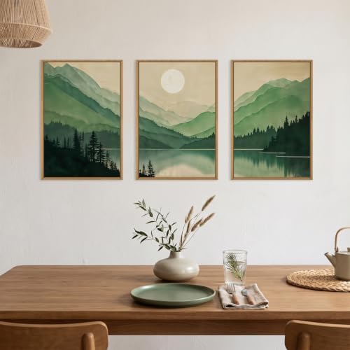 Green Boho Mountain Lake Framed Canvas Wall Art Set-24"x36"x3 - Image 3