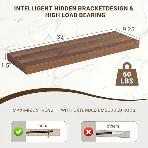 Acovy 32 Inch Floating Shelves, 3D Textured Wood Grain, Wooden Shelves - Image 3