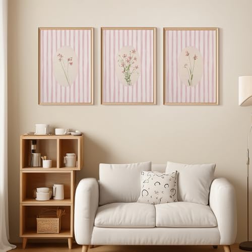 Youillne Pink Flower Wall Art Striped Floral Prints Botanical Canvas Wall Decor - Image 6