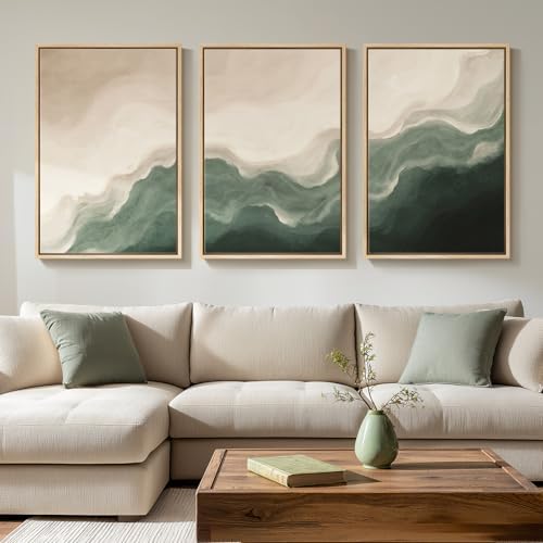 Large Framed Green and Beige Abstract Wall Art, 3 Piece Set, Each 20x30 In by Cuspin