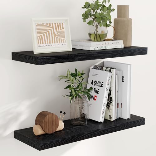Fun Memories 32" W x 9.3" D Floating Shelves in Black, Rustic Wood Deep Shelves by FunMemories
