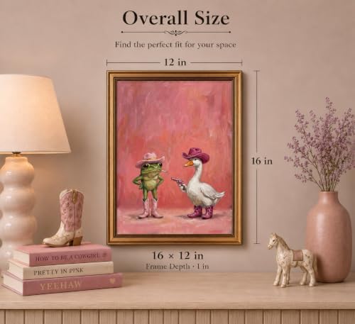 Gold Framed 3D Textured Wall Art, Funny Pink Cowboy Frog and Duck Canvas Prints - Image 4