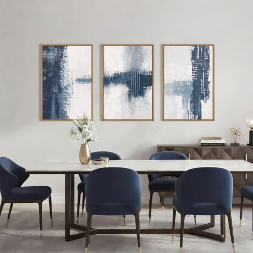 Abstract Navy Blue Grey Framed Canvas Wall Art Set-16"x24"x3 - Image 2