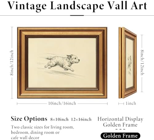 IMNTSD Framed Vintage Running Dog Sketch Wall Art, Antique Pencil Drawing Puppy - Image 2