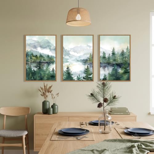 Watercolor Mountain Forest Framed Canvas Wall Art Set-24"x36"x3 - Image 2