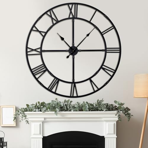 48 Inch Large Silent Wall Clock, Easy Assembly Roman Numeral Black by WallClockDecor