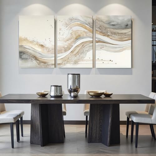 AVECCO Triptych Abstract Gold Grey Wave Wrapped Wall Art Canvas 20x30 Inch - Image 3
