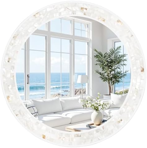 24 Inch Round Bathroom Mirror, Coastal Shell Framed Wall Decor by Tanmicoshomy