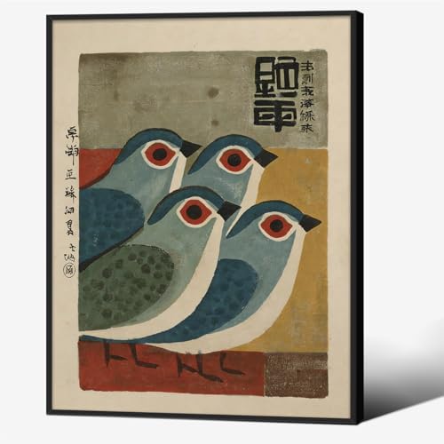 Mid Century Japanese Bird Wall Art Retro Blue Bird Canvas Poster 08x10 inch by Unknown