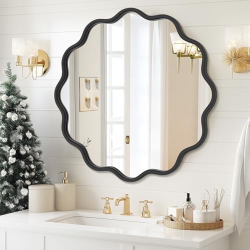 PROHOMEWARE Black Round Mirror 28 Inch Wavy Bathroom Vanity Mirror Gold Frame by PROHOMEWARE