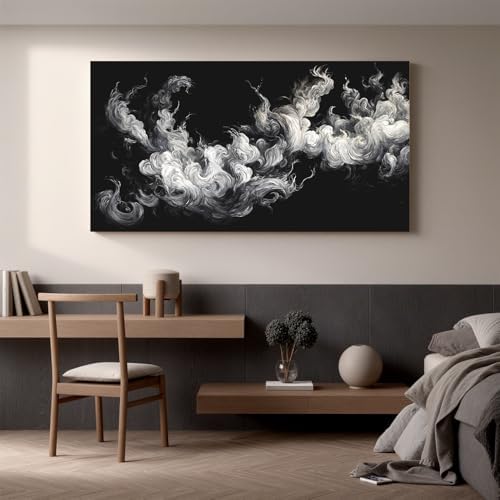 YISXINOAG Black White Abstract Wall Art Minimalist Smoke Painting 24"X48" - Image 2