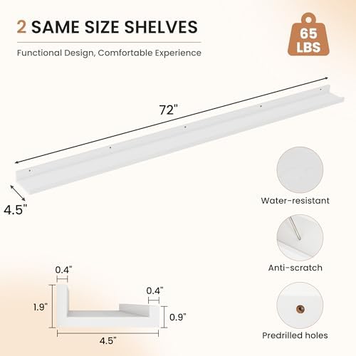 Dreamland Picture Ledge Shelf for Wall, Floating Shelves Set of 2, 72 inch Long - Image 2