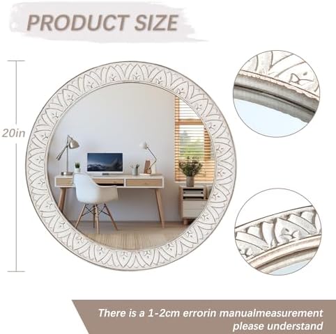 20" Round Rustic Mirror Wooden Frame Circle Mirrors, Distressed Wall Mounted - Image 2