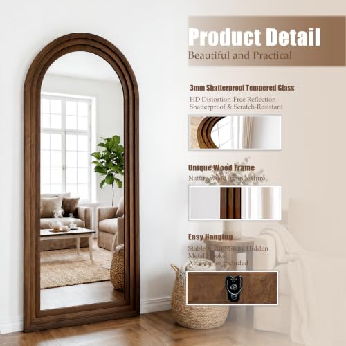 24"x65" Full Length Mirror Solid Wood Frame, Arched Floor Mirror Full Length - Image 3