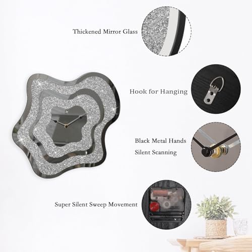 Silver Irregular Mirror Glass Wall Clock Crush Diamond Mirrored Wall Clock - Image 4