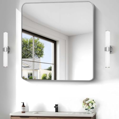 Silver Bathroom Mirror, 30 x 36 Inch Metal Framed Silver Rectangle Mirror by WelcometoCIVENO