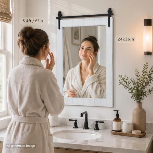 Besdomus Farmhouse Bathroom Vanity Mirror: 24"x36" White Rustic Barn Door - Image 2