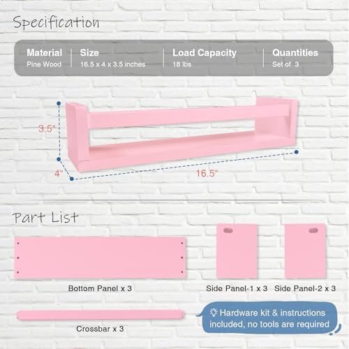 Pink Nursery Floating Shelves for Wall, Kids Book Shelf for Baby Girls Room - Image 2