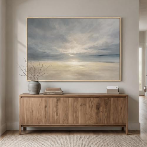 Extra Large Framed Beige Blue Coastal Abstract Wall Art, Horizontal 60x40 - Image 4