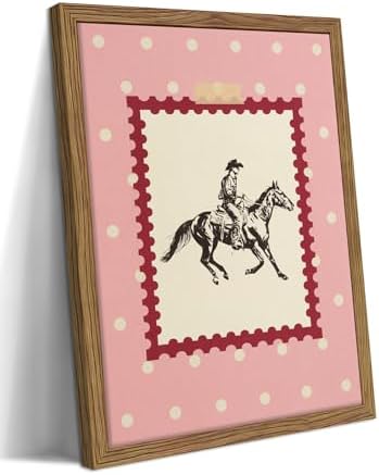 Framed Vintage Western Cowboy Wall Art, Retro Postage Stamp Horse Riding Canvas by Unknown