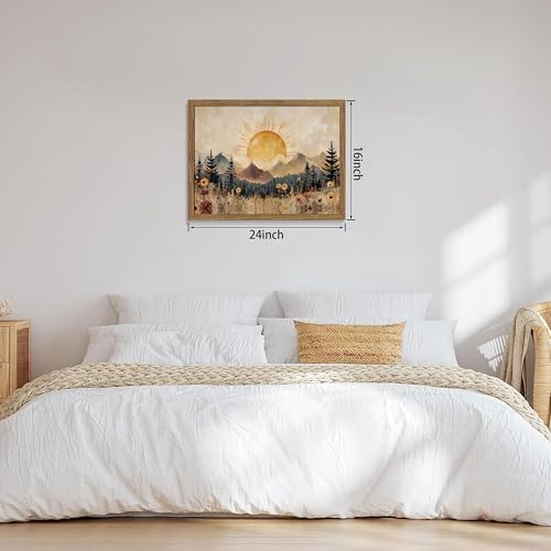Framed Vintage Sunrise Mountain Landscape Wall Art, Retro Wildflower Nature - Image 4