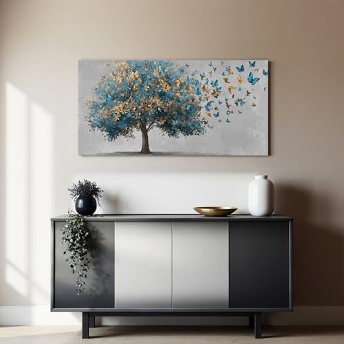 YISXINOAG Blue Gold Tree of Life Wall Art Butterfly Landscape Print 20"X40" - Image 6