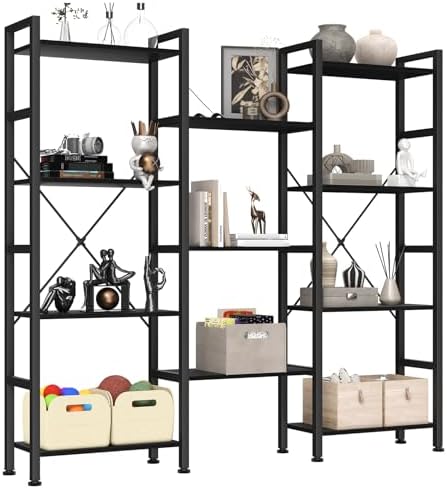 DUMOS Triple Column 4 Tier Bookshelf, Wide Industrial Bookcase by DumosLifestyle