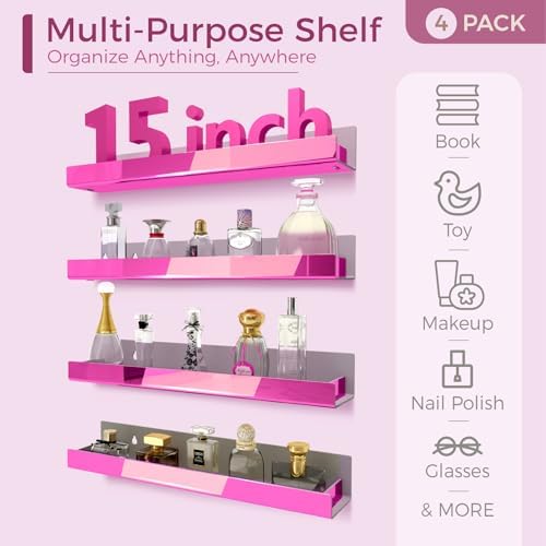 4 Pack 15 Inch Pink Reflective Acrylic Floating Wall Shelves - Image 3