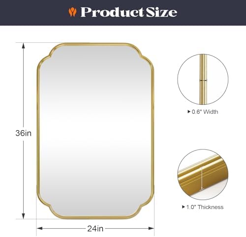 Gold Bathroom Scalloped Mirror, 24” x 36” Rounded Corner Rectangle Wall Mirrors - Image 6