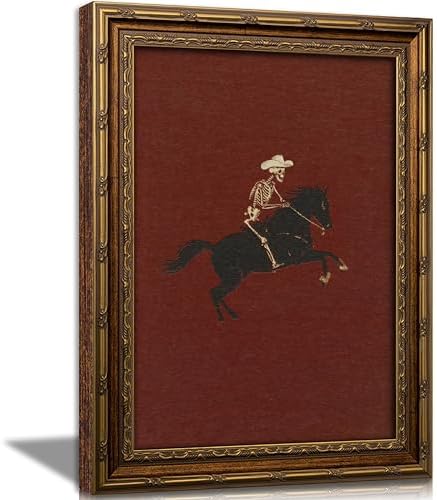Vintage Gold Framed Canvas Wall Art Skeleton Cowboy Riding Bronco Painting by Gothicart