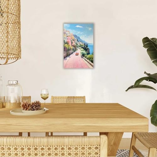 Bittiler Retro Italy Coastal Posters Pink Seaside Town Canvas Wall Art Sunset - Image 5
