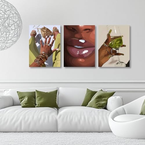 Hianan Wrapped Canvas Fashion Black Woman Wall Art Set of 3, 12x16 in - Image 5