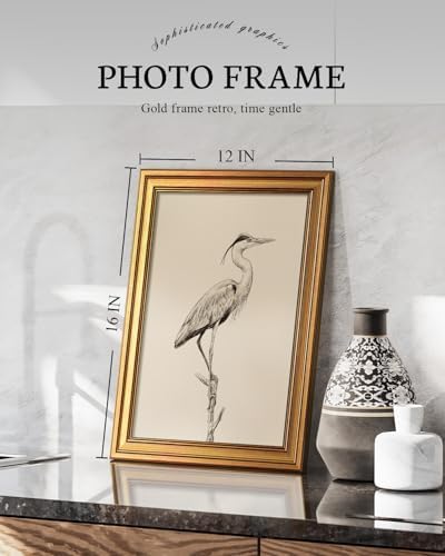 VIYYIEA Vintage Gold Framed Wall Art, Sketch Heron, 16L x 12W - Image 2