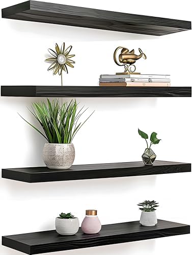 Black Wood Floating Shelves for Wall Rustic Wall Shelf for Bedroom Living Room by YFYEO