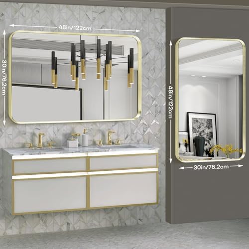 Gold Bathroom Mirror 30x48in, Metal Framed Rounded Rectangle Wall - Image 3