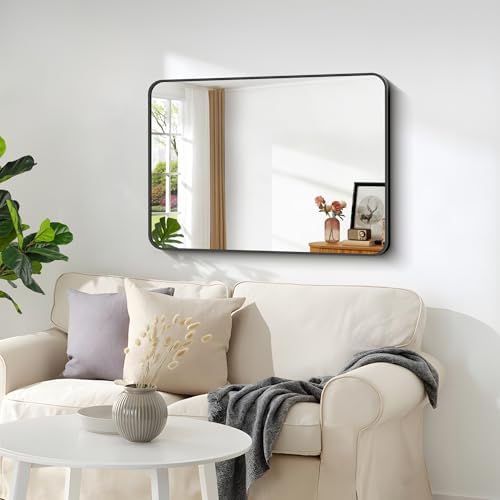 Bathroom Mirror, 18 x 24 inch Metal Framed Black Rectangle Mirror, Rounded - Image 2