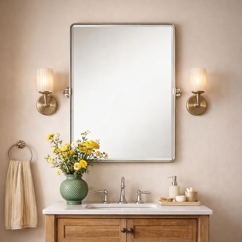 Farmhouse Pivot Rectangle Bathroom Mirror Chrome Metal Framed Tilting Beveled - Image 2