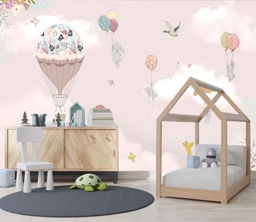 XMPMBM-Pink Clouds hot air Balloon Nursery Room Fabric Wallpaper Cartoon - Image 3