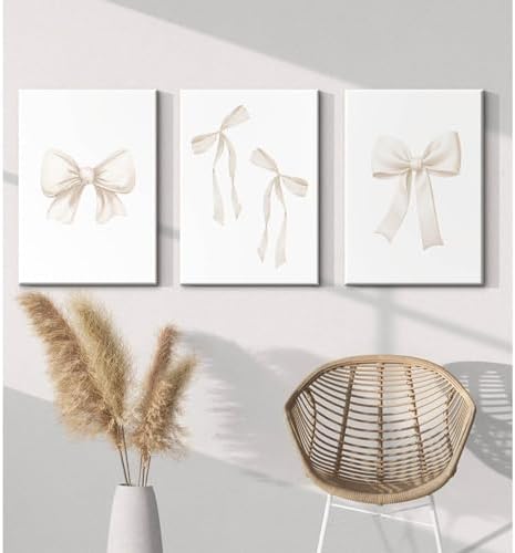 Preppy Bow Wall Art Decor Set of 3 Beige Coquette Wall Art Aesthetic Canvas - Image 5