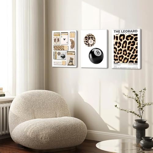 Framed Trendy Leopard Canvas Wall Art Set of 3, Preppy Cheetah Lucky 8 Ball - Image 3