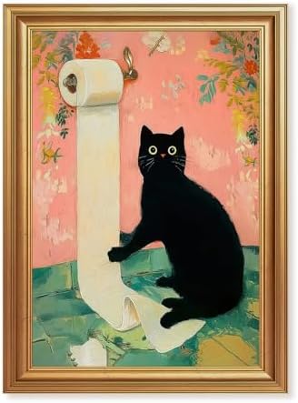 ICHZUMW Gold Framed Funny Black Cat Toilet Paper Canvas Wall Art, 16x24 In by Unknown
